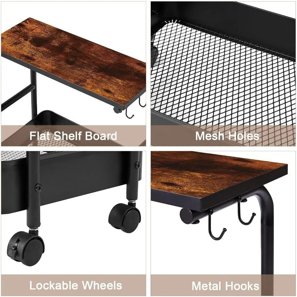 Close-up of top shelf, mesh holes, wheels, and hooks on cart